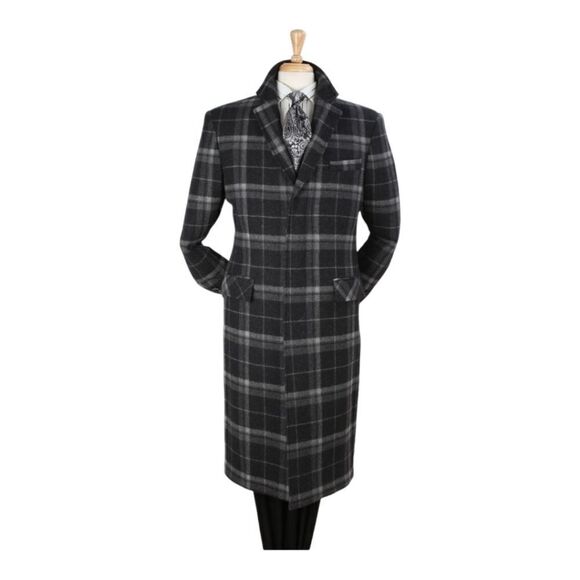 MEN'S VENO GIOVANNI 100% WOOL FULL LENGTH BLACK SINGLE BREASTED TOP COAT CS-22. - Picture 2 of 2